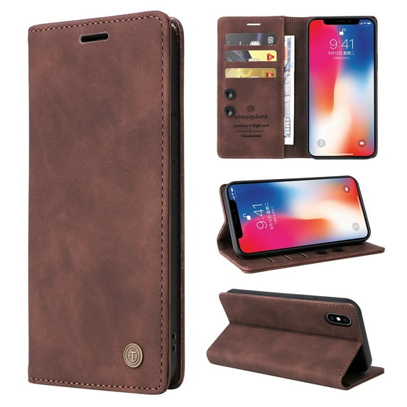 Nalacover Wallet Case for iPhone XS / iPhone X - Flip Purse Case with Card Holder Kickstand Suction Cup, Premium Business PU Leather Shockproof Phone Cover for iPhone XS / iPhone X - Coffee