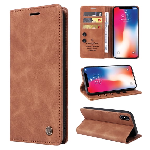 Nalacover Wallet Case for iPhone XS / iPhone X - Flip Purse Case with Card Holder Kickstand Suction Cup, Premium Business PU Leather Shockproof Phone Cover for iPhone XS / iPhone X - Brown
