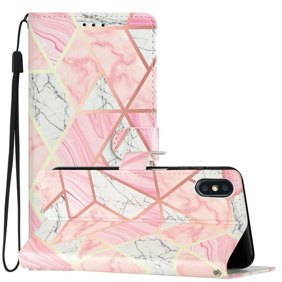 Nalacover Wallet Case for iPhone XS / iPhone X with Painting Pattern PU Leather Magnetic Kickstand Flip Folio Cover, Card Slots Holder Soft Silicone Shockproof Protective Case, Pink Marble