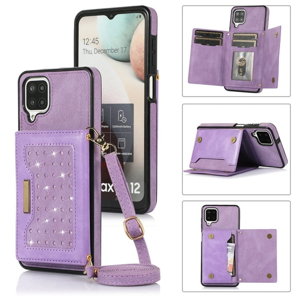 Nalacover Wallet Crossbody for Samsung Galaxy A12 5G Phone Case with Lanyard Strap Credit Card Holder, PU Leather Protective Handbag Purse Kickstand Bling Diamond Cover Women Girl, Purple