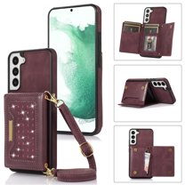 Nalacover Wallet Crossbody for Samsung Galaxy S21 FE Phone Case with Lanyard Strap Credit Card Holder, PU Leather Protective Handbag Purse Kickstand Bling Diamond Cover Women Girl, Wine Red