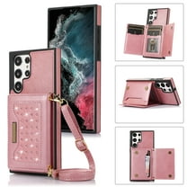 Nalacover Wallet Crossbody for Samsung Galaxy S22 Ultra Phone Case with Lanyard Strap Credit Card Holder, PU Leather Protective Handbag Purse Kickstand Bling Diamond Cover Women Girl, Pink