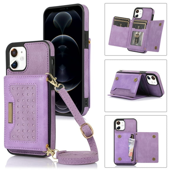 Nalacover Wallet Crossbody for iPhone 11 Phone Case with Lanyard Strap Credit Card Holder 6.1", PU Leather Protective Handbag Purse Kickstand Bling Diamond Cover Women Girl, Purple