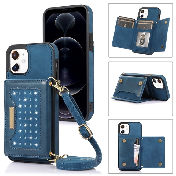 Nalacover Wallet Crossbody for iPhone 11 Phone Case with Lanyard Strap Credit Card Holder 6.1", PU Leather Protective Handbag Purse Kickstand Bling Diamond Cover Women Girl, Blue