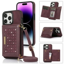 Nalacover Wallet Crossbody for iPhone 12 Pro Max Phone Case with Lanyard Strap Credit Card Holder 6.7", PU Leather Protective Handbag Purse Kickstand Bling Diamond Cover Women Girl, Wine Red