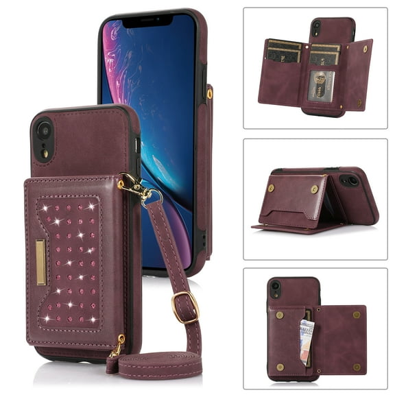 Nalacover Wallet Crossbody for iPhone XR Phone Case with Lanyard Strap Credit Card Holder, PU Leather Protective Handbag Purse Kickstand Bling Diamond Cover Women Girl, Wine Red