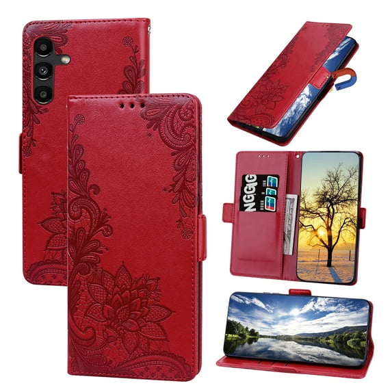 Nalacover Wallet For Samsung Galaxy A13 5G Case,Stylish Full Protection Embossed Lotus Pattern PU Leather Flip Kickstand Card Slots Shockproof Magnetic Cover with Wrist Strap.Red