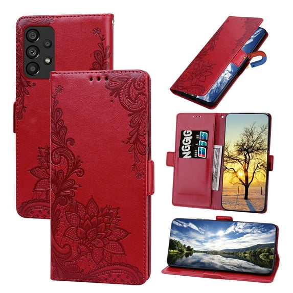 Nalacover Wallet For Samsung Galaxy A53 5G Case,Stylish Full Protection Embossed Lotus Pattern PU Leather Flip Kickstand Card Slots Shockproof Magnetic Cover with Wrist Strap.Red
