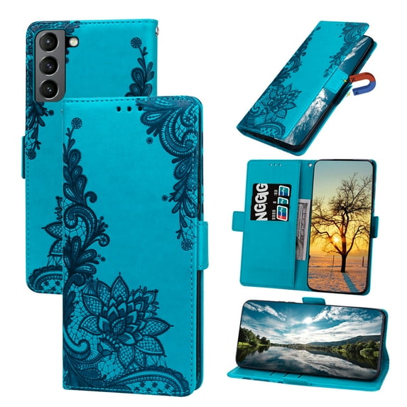 Nalacover Wallet For Samsung Galaxy S21 FE Case,Stylish Full Protection Embossed Lotus Pattern PU Leather Flip Kickstand Card Slots Shockproof Magnetic Cover with Wrist Strap.Blue