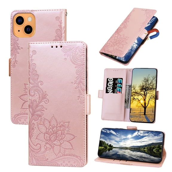 Nalacover Wallet For iPhone 14 6.1 inch Case,Full Protection Embossed Lotus Pattern PU Leather Flip Kickstand Card Slots Shockproof Magnetic Cover with Wrist Strap.For iPhone 14,Rosegold
