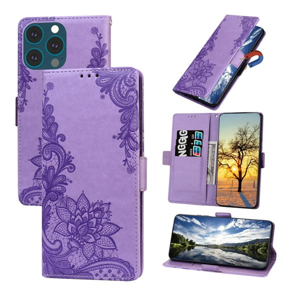 Nalacover Wallet For iPhone 14 Pro Max 6.7 inch Case,Stylish Full Protection Embossed Lotus Pattern PU Leather Flip Kickstand Card Slots Shockproof Magnetic Cover with Wrist Strap.Purple
