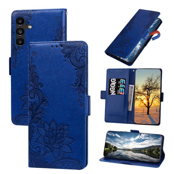 Nalacover Wallet For Samsung Galaxy A33 5G Case,Stylish Full Protection Embossed Lotus Pattern PU Leather Flip Kickstand Card Slots Shockproof Magnetic Cover with Wrist Strap.Darkblue
