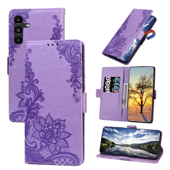Nalacover Wallet For Samsung Galaxy A33 5G Case,Stylish Full Protection Embossed Lotus Pattern PU Leather Flip Kickstand Card Slots Shockproof Magnetic Cover with Wrist Strap.Purple