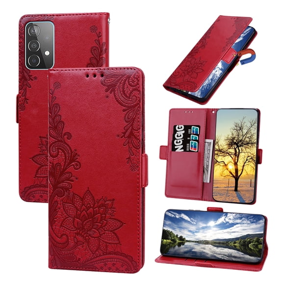 Nalacover Wallet For Samsung Galaxy A52 4G/5G Case,Stylish Full Protection Embossed Lotus Pattern PU Leather Flip Kickstand Card Slots Shockproof Magnetic Cover with Wrist Strap.Red