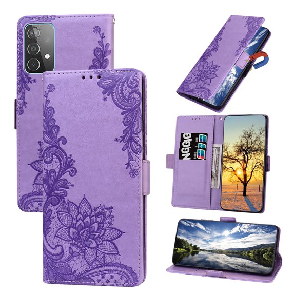 Nalacover Wallet For Samsung Galaxy A52 4G/5G Case,Stylish Full Protection Embossed Lotus Pattern PU Leather Flip Kickstand Card Slots Shockproof Magnetic Cover with Wrist Strap.Purple
