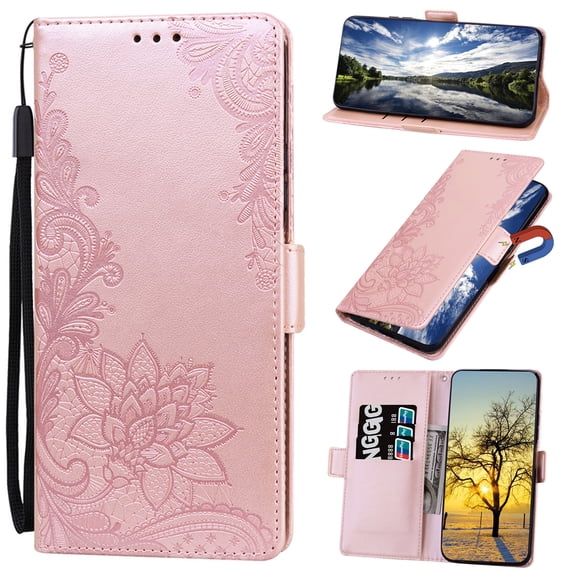 Nalacover Wallet For Samsung Galaxy S21 Plus Case,Stylish Full Protection Embossed Lotus Pattern PU Leather Flip Kickstand Card Slots Shockproof Magnetic Cover with Wrist Strap.Rosegold