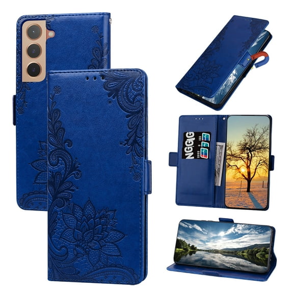 Nalacover Wallet For Samsung Galaxy S22 Case,Full Protection Embossed Lotus Pattern PU Leather Flip Kickstand Card Slots Shockproof Magnetic Cover with Wrist Strap.For Samsung Galaxy S22,Darkblue