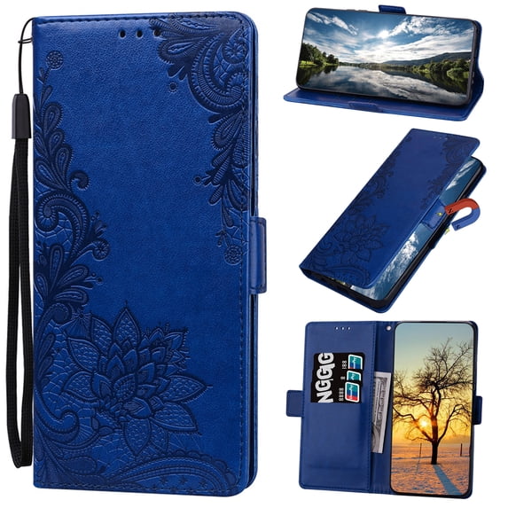 Nalacover Wallet For iPhone 11 Pro Max 6.5 inch Case,Stylish Full Protection Embossed Lotus Pattern PU Leather Flip Kickstand Card Slots Shockproof Magnetic Cover with Wrist Strap.(Darkblue)