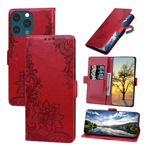 Nalacover Wallet For iPhone 12 Pro Max Case,Stylish Full Protection Embossed Lotus Pattern PU Leather Flip Kickstand Card Slots Shockproof Magnetic Cover with Wrist Strap.Red