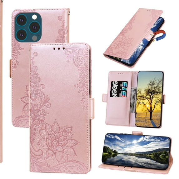 Nalacover Wallet For iPhone 12 Pro Max Case,Stylish Full Protection Embossed Lotus Pattern PU Leather Flip Kickstand Card Slots Shockproof Magnetic Cover with Wrist Strap.Rosegold