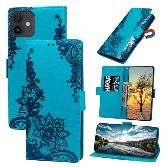 Nalacover Wallet For iPhone 12/iPhone 12 Pro Case,Stylish Full Protection Embossed Lotus Pattern PU Leather Flip Kickstand Card Slots Shockproof Magnetic Cover with Wrist Strap.Blue