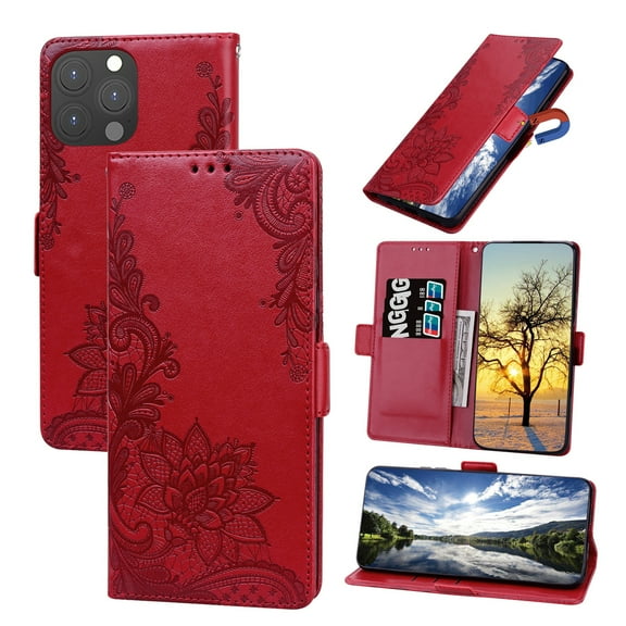 Nalacover Wallet For iPhone 13 Pro 6.1 inch Case,Stylish Full Protection Embossed Lotus Pattern PU Leather Flip Kickstand Card Slots Shockproof Magnetic Cover with Wrist Strap.Red