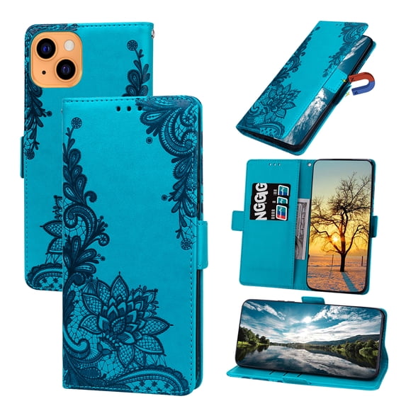 Nalacover Wallet For iPhone 14 6.1 inch Case,Full Protection Embossed Lotus Pattern PU Leather Flip Kickstand Card Slots Shockproof Magnetic Cover with Wrist Strap.For iPhone 14,Blue