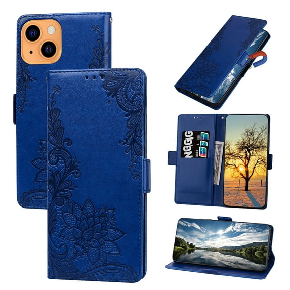 Nalacover Wallet For iPhone 14 6.1 inch Case,Full Protection Embossed Lotus Pattern PU Leather Flip Kickstand Card Slots Shockproof Magnetic Cover with Wrist Strap.For iPhone 14,Darkblue