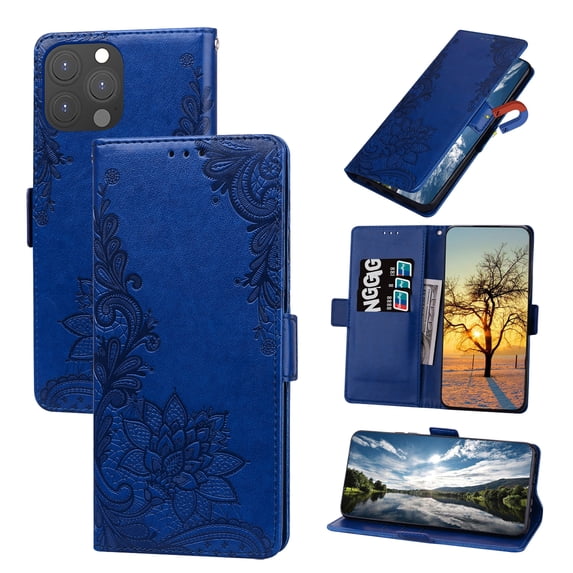 Nalacover Wallet For iPhone 14 Pro 6.1 inch Case,Full Protection Embossed Lotus Pattern PU Leather Flip Kickstand Card Slots Shockproof Magnetic Cover with Wrist Strap.For iPhone 14 Pro,Darkblue