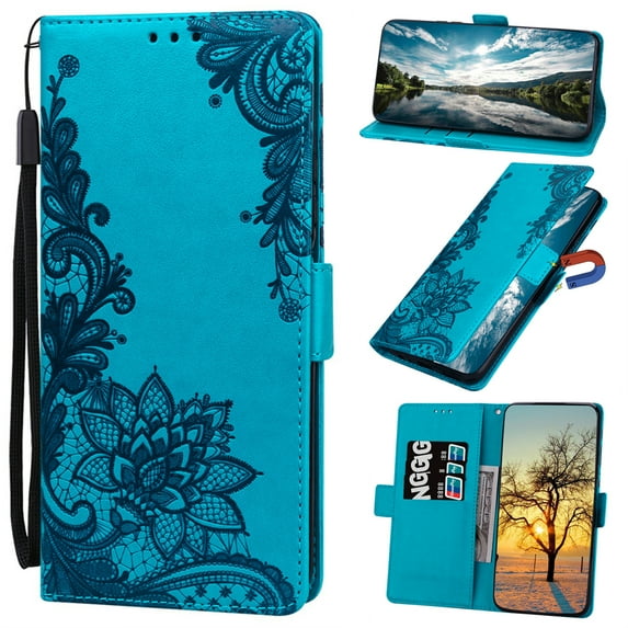 Nalacover Wallet For iPhone X/iPhone XS 5.8 inch Case,Stylish Full Protection Embossed Lotus Pattern PU Leather Flip Kickstand Card Slots Shockproof Magnetic Cover with Wrist Strap.Blue