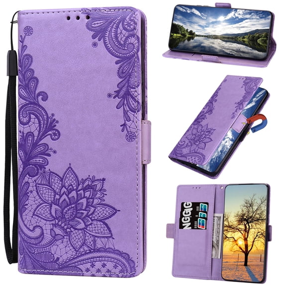 Nalacover Wallet For iPhone X/iPhone XS 5.8 inch Case,Stylish Full Protection Embossed Lotus Pattern PU Leather Flip Kickstand Card Slots Shockproof Magnetic Cover with Wrist Strap.Purple