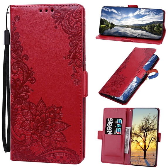 Nalacover Wallet For iPhone XS Max Case,Stylish Full Protection Embossed Lotus Pattern Synthetic Leather and Soft TPU Flip Kickstand Card Slots Shockproof Magnetic Cover with Wrist Strap.Red