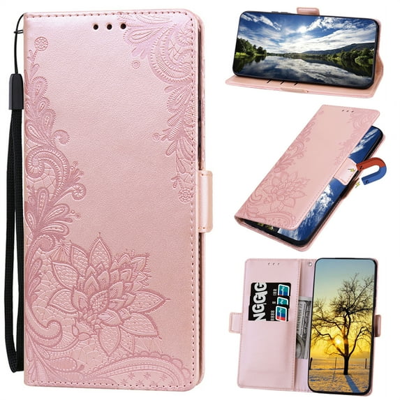 Nalacover Wallet For iPhone XS Max Case,Stylish Full Protection Embossed Lotus Pattern Synthetic Leather and Soft TPU Flip Kickstand Card Slots Shockproof Magnetic Cover with Wrist Strap.Rosegold