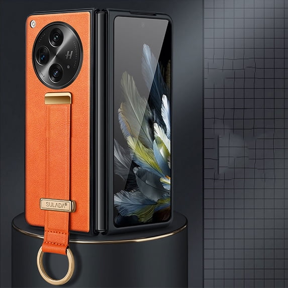 Nalacover Wristband Case for OnePlus Open/OPPO Find N3, Metallic Premium PU Leather Slim TPU Shockproof Lens Protection Case with Ring Wrist Strap for OnePlus Open/OPPO Find N3, Orange