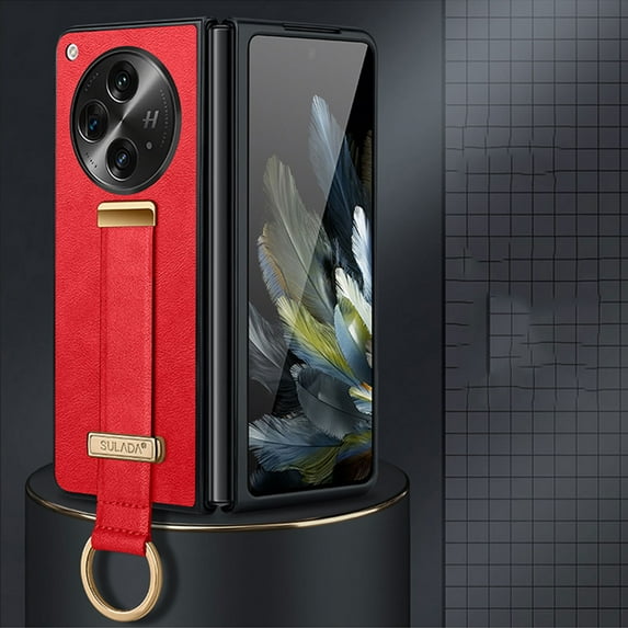 Nalacover Wristband Case for OnePlus Open/OPPO Find N3, Metallic Premium PU Leather Slim TPU Shockproof Lens Protection Case with Ring Wrist Strap for OnePlus Open/OPPO Find N3, Red