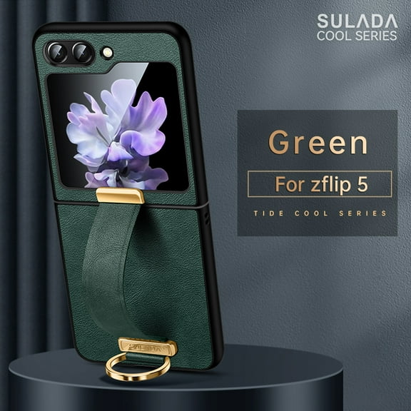 Nalacover Wristband Case for Samsung Galaxy Z Flip 5, Metallic Premium PU Leather Slim TPU Shockproof Lens Protection Case with Ring Wrist Strap for Samsung Galaxy Z Flip 5,Darkgreen