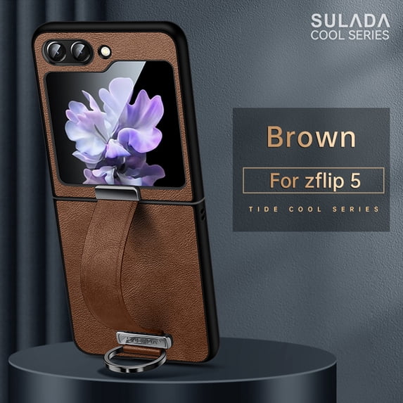 Nalacover Wristband Case for Samsung Galaxy Z Flip 5, Metallic Premium PU Leather Slim TPU Shockproof Lens Protection Case with Ring Wrist Strap for Samsung Galaxy Z Flip 5,Brown
