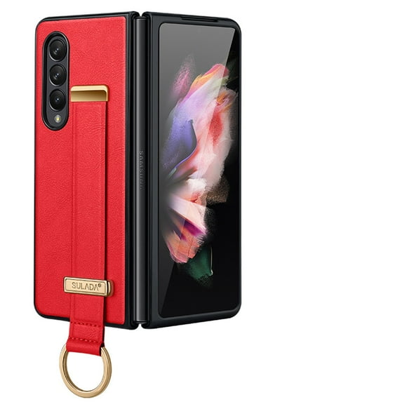 Nalacover Wristband Case for Samsung Galaxy Z Fold4, Metallic Premium PU Leather Slim TPU Shockproof Lens Protection Case with Ring Wrist Strap for Samsung Galaxy Z Fold4, Red