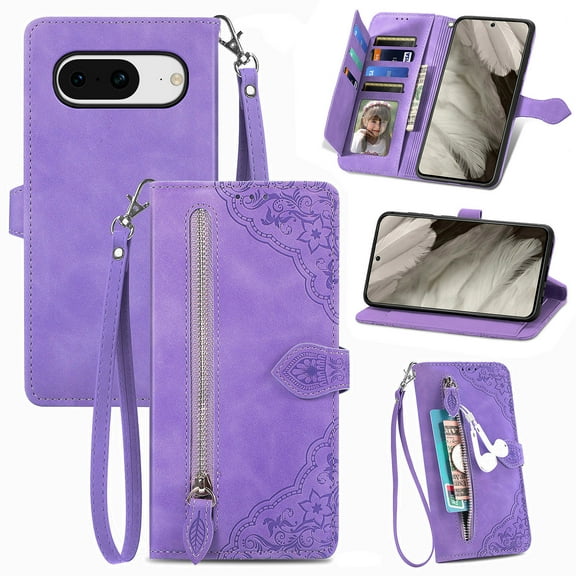 Nalacover Zipper Wallet Case for Google Pixel 8 with Handbag Wrist Strap, Embossed Pattern Premium PU Leather Cover with Card Slots Holder Magnetic Clasp Kickstand Case, Purple