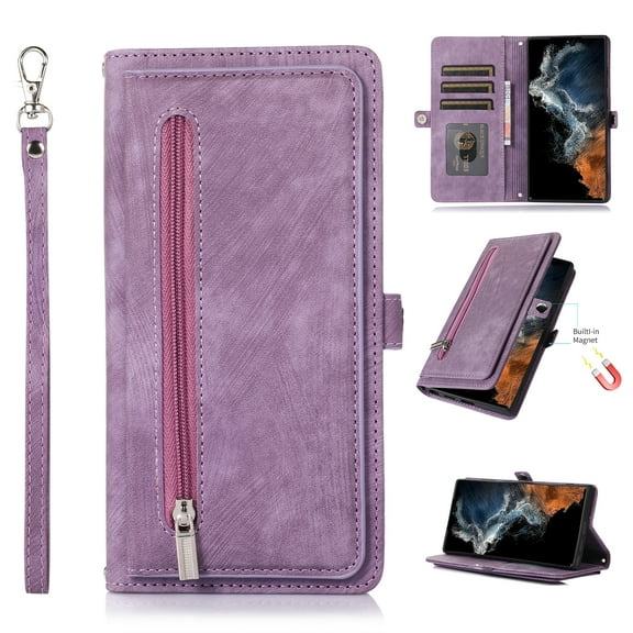 Nalacover Zipper Wallet Case for Google Pixel 9 / 9 Pro, Crossbody Purse Case with Card Holder Lanyard Wrist Hand Strap, Premium PU Leather Flip Kickstand Shockproof Magnetic Buckle Cover, Purple
