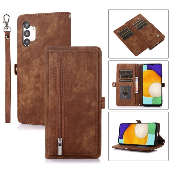 Nalacover Zipper Wallet Case for Samsung Galaxy A14 5G, Wrist Hand Strap Lanyard Crossbody Premium PU Leather + Soft TPU Magnetic Buckle Flip Cover with Card Slots Holder Kickstand Case, Brown