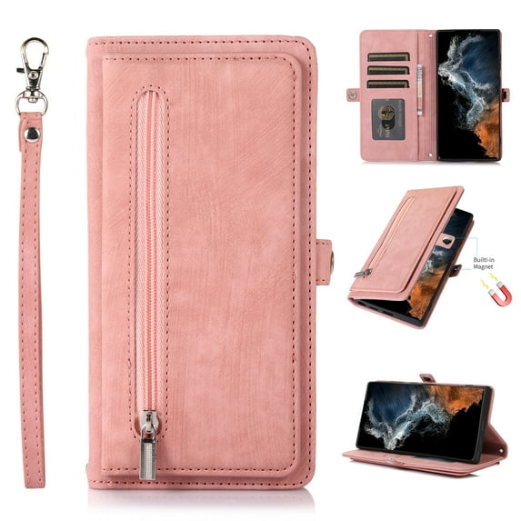Nalacover Zipper Wallet Case for Samsung Galaxy A15, Crossbody Purse Case with Card Holder Lanyard Wrist Hand Strap, Premium PU Leather Flip Kickstand Shockproof Magnetic Buckle Cover, Rosegold