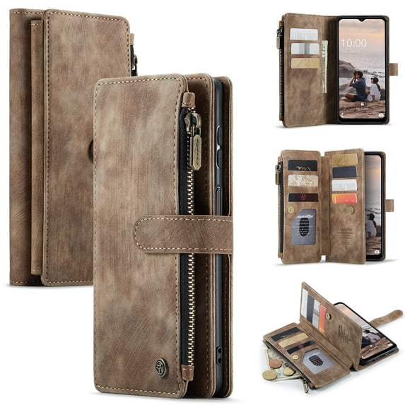 Nalacover Zipper Wallet Case for Samsung Galaxy A54 5G, Premium PU Leather Wrist Hand Strap Card Slots Holder Flip Folio Cover with Magnetic Suction Kickstand Large Capacity Shockproof Case,Brown