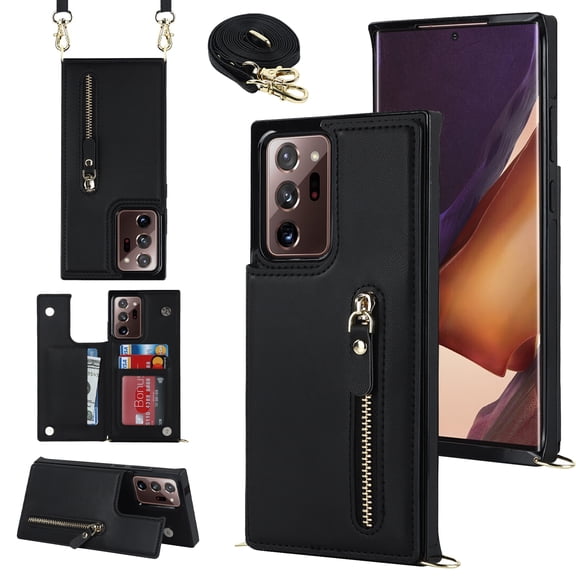 Nalacover Zipper Wallet Case for Samsung Galaxy Note 20 Ultra, Luxury PU Leather Crossbody Lanyard Shoulder Strap Magnetic RFID Blocking Cover with Kickstand Card Slots Holder Shockproof Case,Black