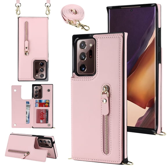 Nalacover Zipper Wallet Case for Samsung Galaxy Note 20 Ultra, Luxury PU Leather Crossbody Lanyard Shoulder Strap Magnetic RFID Blocking Cover with Kickstand Card Slots Holder Shockproof Case,Pink