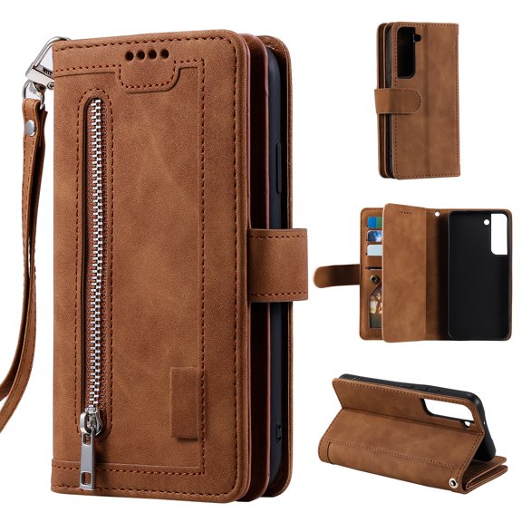 Nalacover Zipper Wallet Case For Samsung Galaxy S21 FE,360 Protection Luxury PU Leather Flip 9 Card Slots and 2 Cash Pockets Holder Magnetic Shockproof Cover with Detachable Wrist Strap,Brown