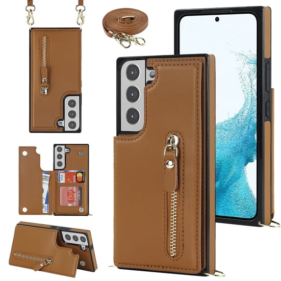 Nalacover Zipper Wallet Case for Samsung Galaxy S21 FE, Luxury PU Leather Crossbody Lanyard Shoulder Strap Magnetic RFID Blocking Cover with Kickstand Card Slots Holder Shockproof Case,Brown