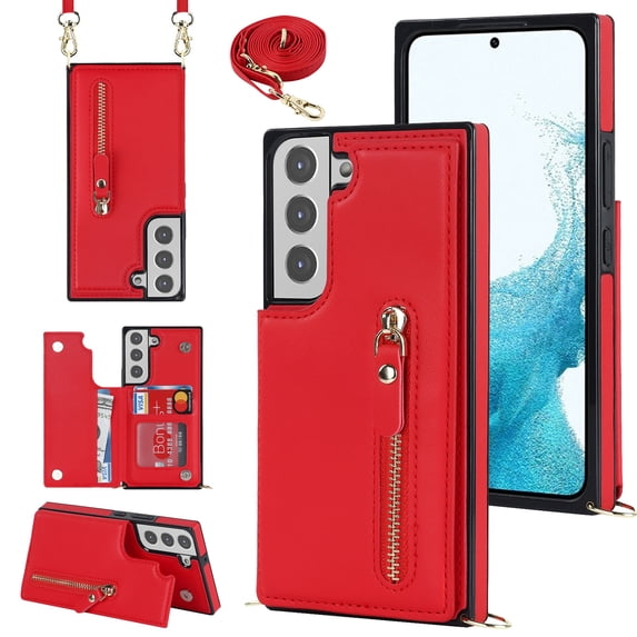 Nalacover Zipper Wallet Case for Samsung Galaxy S22, Luxury PU Leather Crossbody Lanyard Shoulder Strap Magnetic RFID Blocking Cover with Kickstand Card Slots Holder Shockproof Case,Red