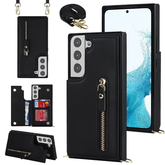 Nalacover Zipper Wallet Case for Samsung Galaxy S22 Plus, Luxury PU Leather Crossbody Lanyard Shoulder Strap Magnetic RFID Blocking Cover with Kickstand Card Slots Holder Shockproof Case,Black