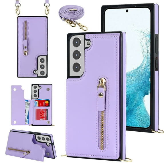 Nalacover Zipper Wallet Case for Samsung Galaxy S22 Plus, Luxury PU Leather Crossbody Lanyard Shoulder Strap Magnetic RFID Blocking Cover with Kickstand Card Slots Holder Shockproof Case,Purple